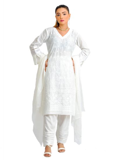 White Chicken Pakistani Lawn Suits With Trouser & Dupatta