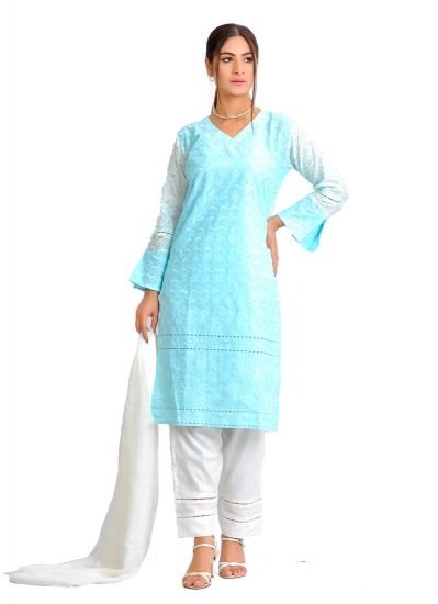 Light Blue Chicken Pakistani Lawn Suits With Trouser & Dupatta