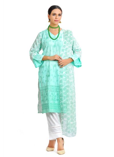 Green Chicken Pakistani Lawn Suits Wiith Trouser & Dupatta
