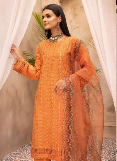 Orange Lawn Pakistani Suit With Trouser & Dupatta