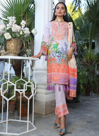 Buy White-Orange Floral Printed Suit With Trouser & Dupatta