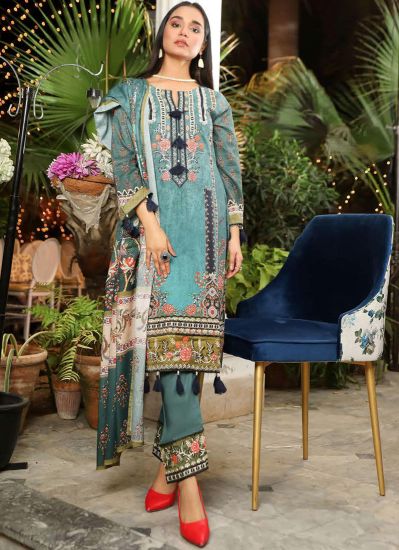 Buy Teal Straight Cut Printed Suit Wiith Trouser & Dupatta
