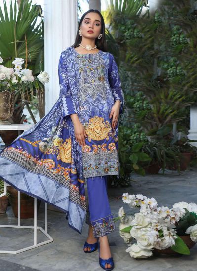 Buy Blue-Yellow Shift Style Printed Suit With Trouser & Dupatta