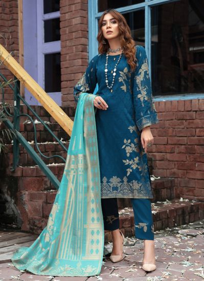 Buy Blue Jacquard Pakistani Suit With Trouser & Dupatta