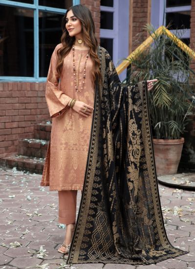 Buy Beige Jacquard Pakistani Suit With Trouser & Dupatta