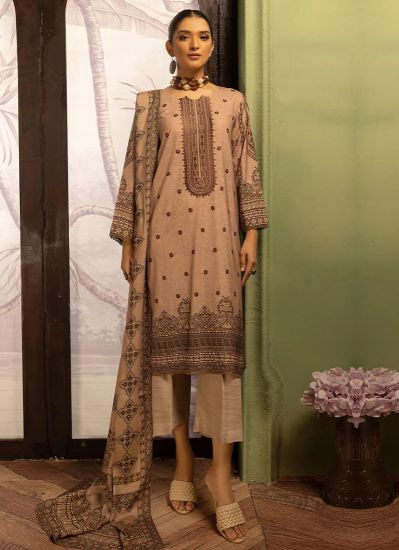 Beige All Over Embroidery Straight Cut Suit Set