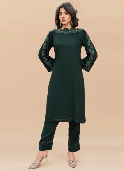 Dark Green Linen Chiffon Dupatta Suit Set