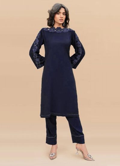 Navy Blue Linen Chiffon Dupatta Suit Set