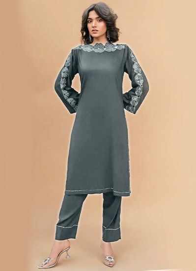 Grey Linen Chiffon Dupatta Suit Set