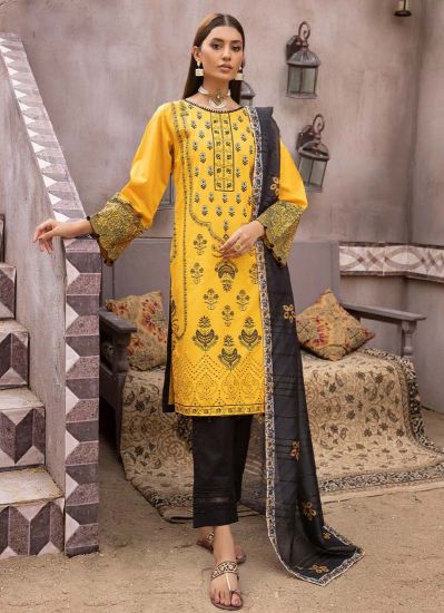 Buy Yellow Linen Straight Cut Chiken Kari Suit Set