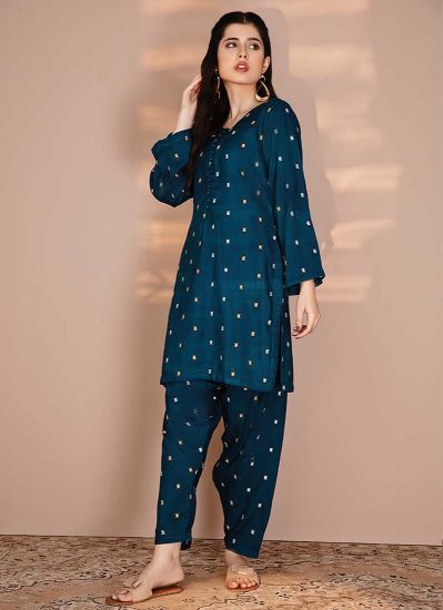Blue Linen Embroidery Co-ord Suit Set