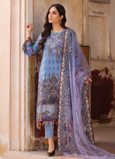 Blue Straight Cut Digital Print Suit With Tassels