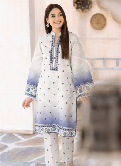 Buy White-Blue Lawn Printed Band collar Co-ord Set