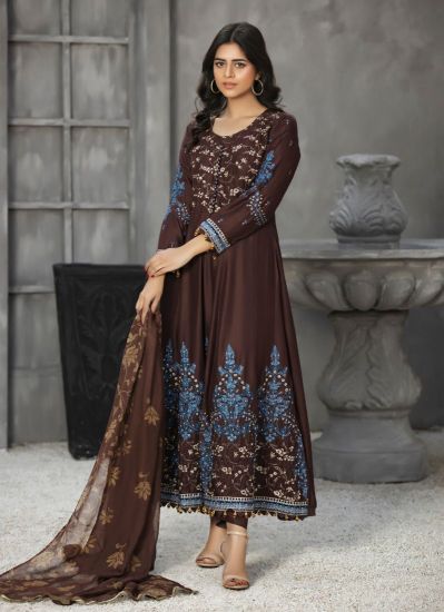 Brown Cotton Embroidered Anarkali Suit set
