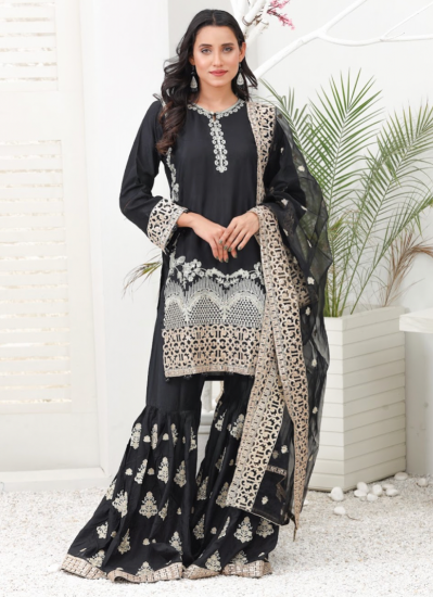 Black Viscose Shift Style Embroidered Suit Set