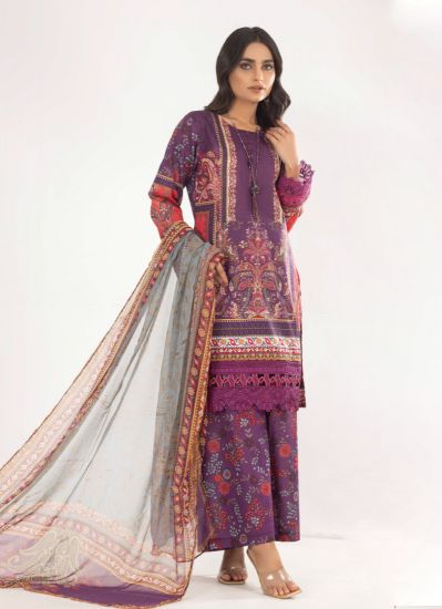 Purple Floral Printed Net Lace Suit Set