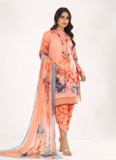 Peach Floral Printed Net Lace Suit Set