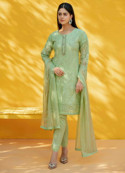 Mint Green Shift Cotton Embroidered Suit Set