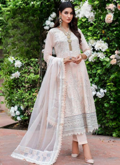 Peach Lawn Embroidered Anarkali Suit Set