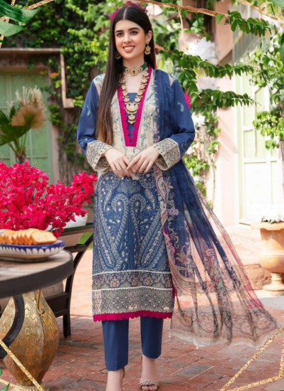 Navy Blue Lawn Embroidered Straight Cut Suit Set