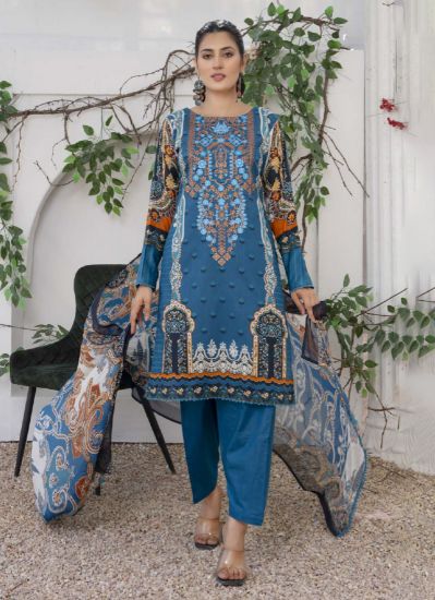Buy Blue Lawn Embroidered Digital Printed Suit