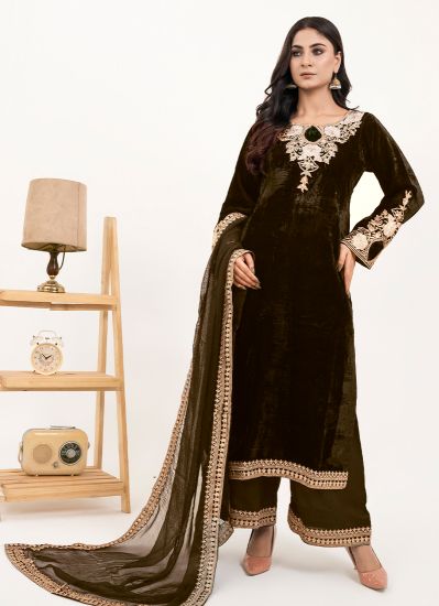 Buy Brown Velvet Embroidered Palazzo Suit Set in UK - Style ID: DPC ...