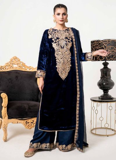 Navy Blue Embroidered Palazzo Suit Set
