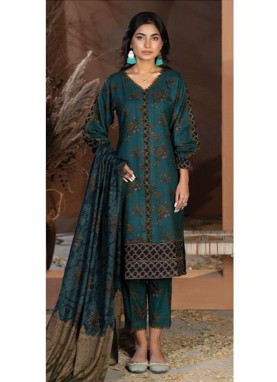 Teal Straight Cut Suit With Digital Printed Shawl