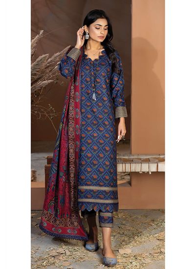 Navy Blue Straight Cut Suit With Digital Printed Shawl