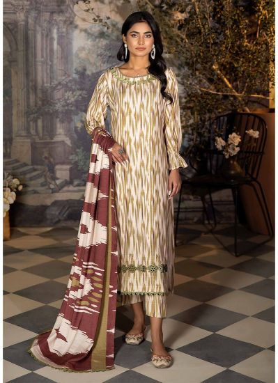 Buy Ivory Linen Digital Print Shawl Suit