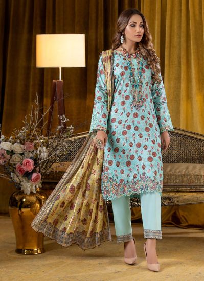 Buy Light Blue Linen Embroidered Print Suit