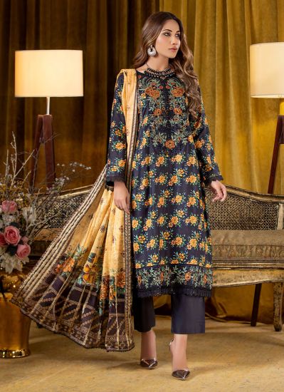 Buy Blue Linen Embroidered Print Suit