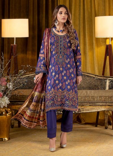 Buy Navy Blue Linen Embroidered Print Suit