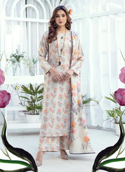 Buy White-Peach Floral Printed Shawl Suit
