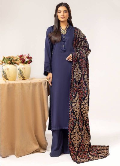 Navy Blue Velvet Embroidery Shawl Suit Set