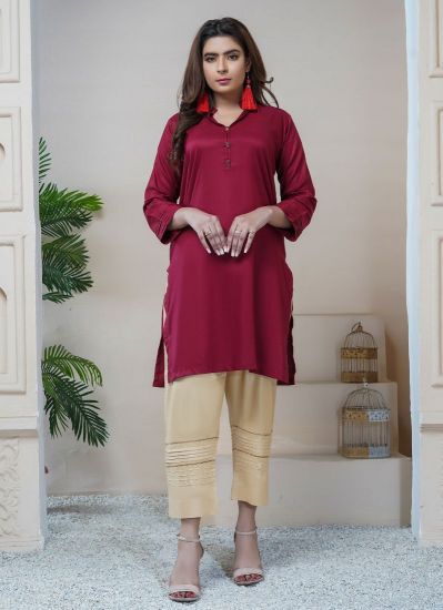 Buy Maroon Linen Kurta Top with Band Collar & Buttons