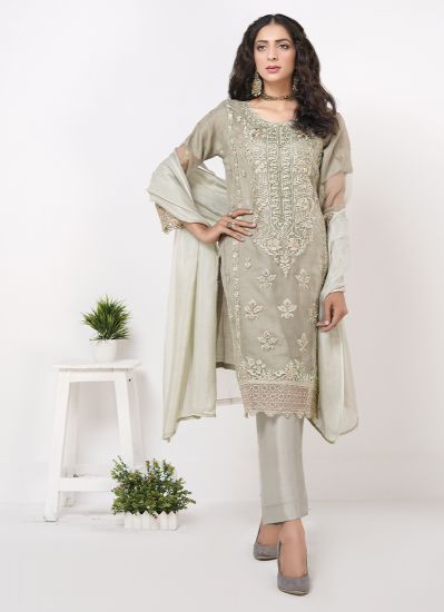 Moss Green Embroidered Straight Cut Suit Set