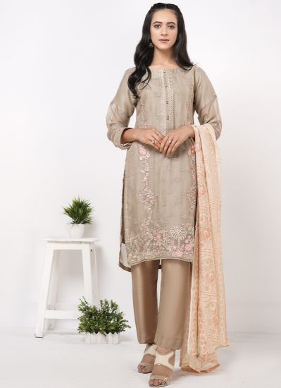 Beige Embroidered Straight Cut Suit Set