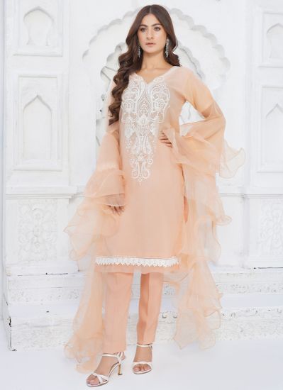 Peach Organza Pakistani Suit With Trouser & Dupatta