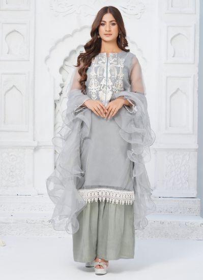 Grey Organza Pakistani Suit With Gharara & Dupatta