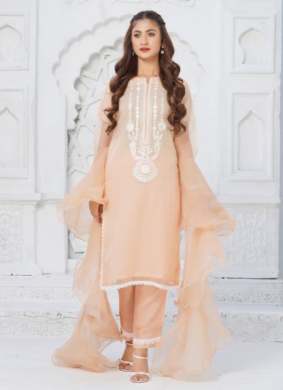 Peach Organza Embroidered Pakistani Suit With Trouser & Dupatta