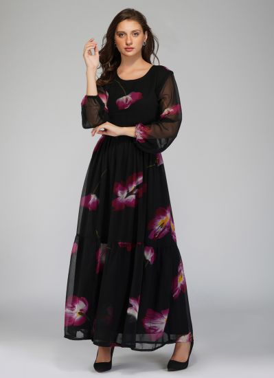 Black Georgette Floral Printed Bias Cut Dress