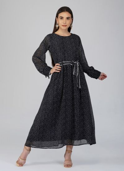 Black Georgette Ditzy Printed Bias Cut Dress