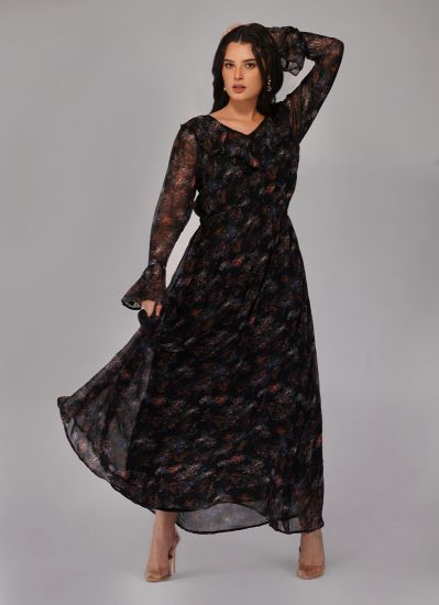 Black Chiffon Printed Dress With Full Sleeves & Frills 