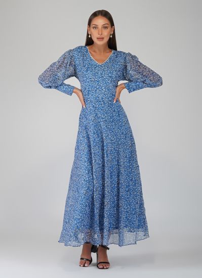 Buy Blue Georgette Indian Dress With Bishop Sleeves