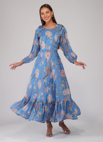 Blue Georgette Lurex Printed Bias Cut Dress