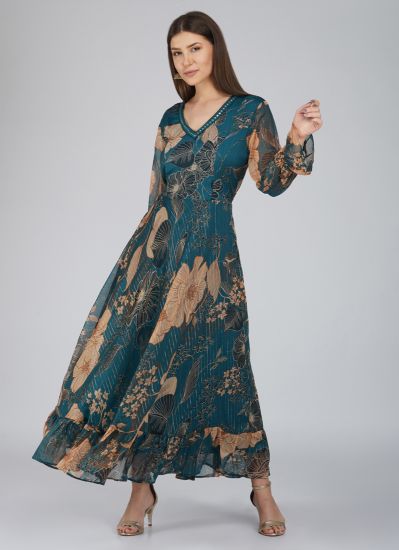 Teal Lurex Bias Cut Floral Print Dress