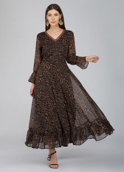 Brown Georgette Bias Cut Printed Dress
