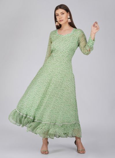 Buy Green Georgette Bias Cut Printed Dress