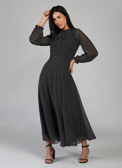 Black Georgette  Polka Dot Printed Bias Cut Dress
